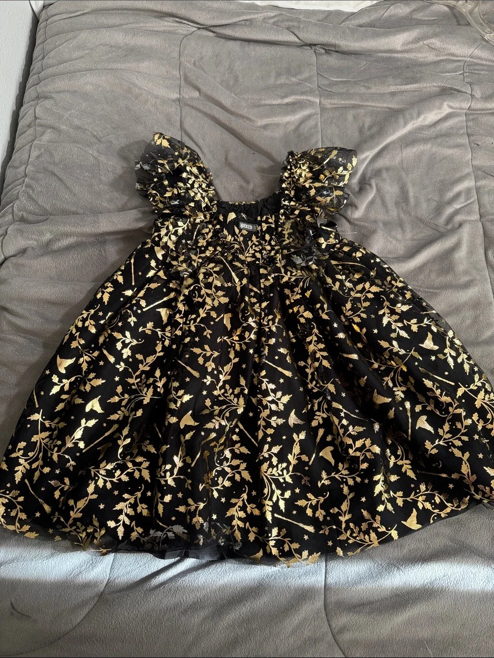 Wicked Girls Halloween costume witch Dress black w/Gold Floral Foil Accents Sz 5